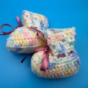 Hand crocheted baby booties pastel pink blue white yellow green